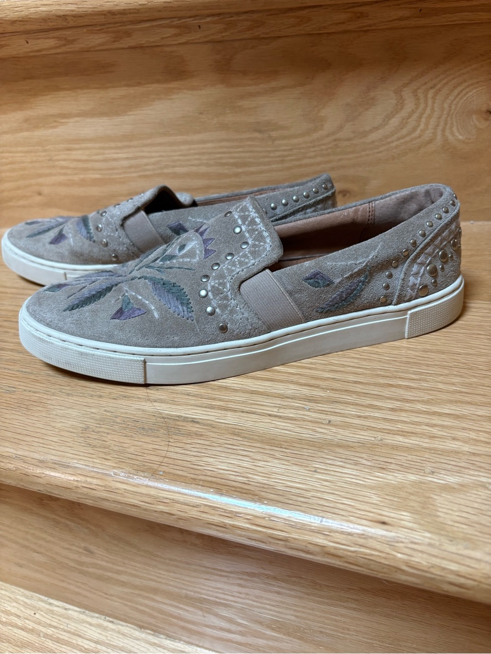 Frye Women’s Taupe Suede Slip-On Sneakers with Embroidered Detail